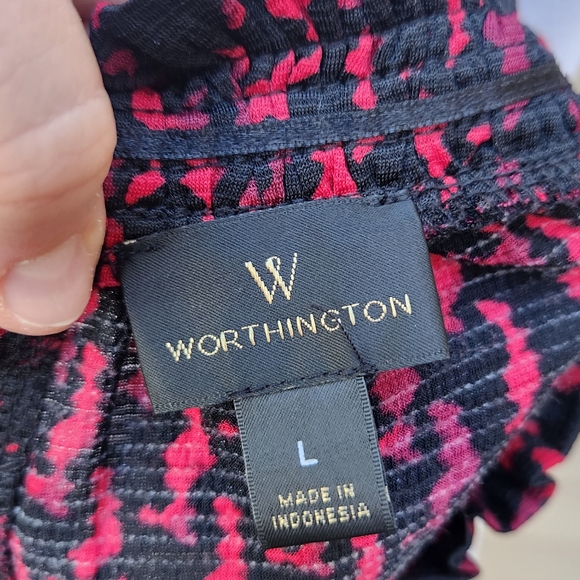 Worthington Shell Blouse Red Black Print Mockneck Bow Detail Sleeveless - Picture 11 of 13